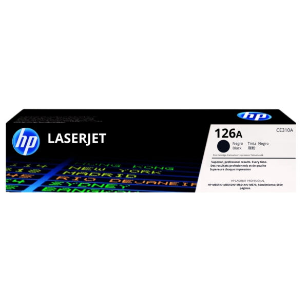 Tóner HP 126A (CE310A) NEGRO. Capacidad: 1,200 páginas (aprox.). Compatible con HP Color LaserJet Pro CP1025 series, MFP M175 series y MFP M275 series.