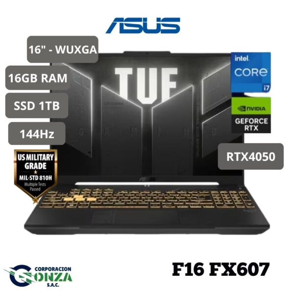 Laptop para videojuegos - TUF Gaming F16 FX607 FX607VU-RL091 40.6cm (16") - WUXGA - 144Hz - Intel Core i7 13a Gen i7-13620H - 16GB - 1TB SSD - Intel Chip - 1920 x 1200 - FreeDOS - NVIDIA GeForce RTX 4050